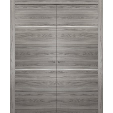 Sartodoors French Double Interior Doors with Hardware, Planum 0020 Ginger Ash, Panel Frame Trims, Bathroom Bed PLANUM0020DD-GA-4884