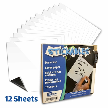 Flipside 5" x 5" White Dry Erase Stickables w/ Dry Erase Marker - 1 Pack of 12 Sheets 91155