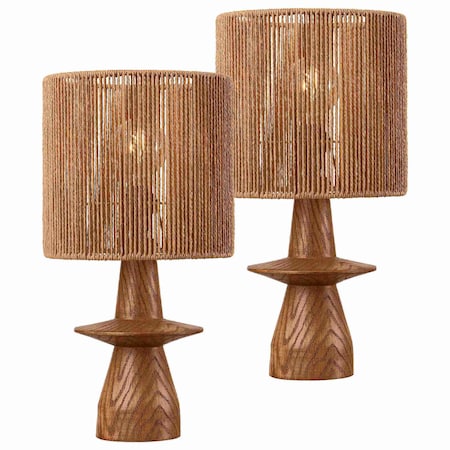 Jonathan Y Rickie 19" Bohemian Coastal Sculptural Resin w/Hand-Woven Paper Rope Drum Shade LED Table Lamp, , 2PK JYL5509A-SET2