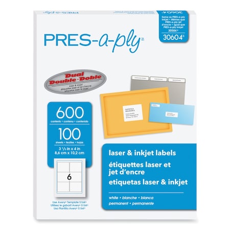 Pres-A-Ply Labels, Laser Printers, 3.33 x 4, White, 600PK 30604