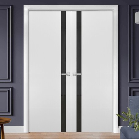 Sartodoors Solid French Double Doors, Planum 0040 White Silk with Black Glass, Wood Solid Panel Frame Trims, C PLANUM0040DD-WS-36