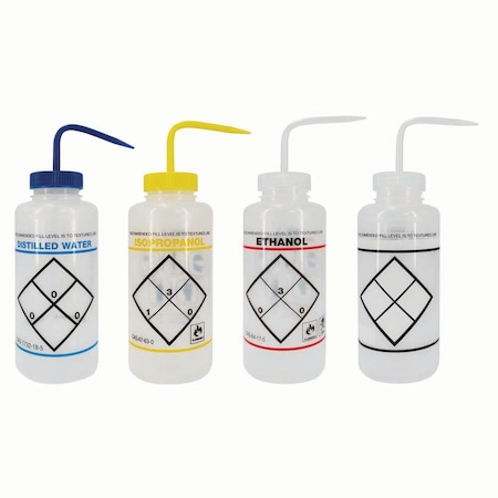 Jorgensen Laboratories Safety Labeled Wash Bottles, Complete Set of Labeled Wash Bottles, 1000mL (32 oz), 4PK J0817S