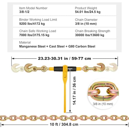 Vevor Ratchet Chain Binder 3/8"-1/2" Load Binders 12000 lbs with G80 Chains 2PCS, 2PK 3/8~1/2LT02