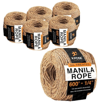 Xpose Safety Manila Rope, 1/4 Inch 600ft 3-Strand Natural Fiber Cordage for Crafts & Outdoor Use, 6PK MR14-600-6-X-S