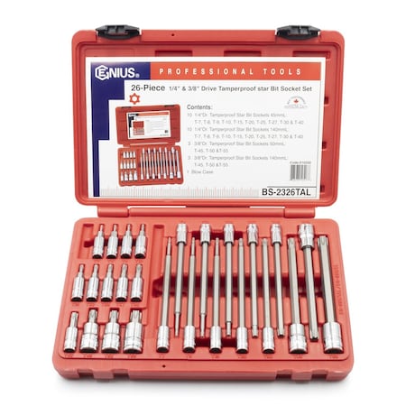 Genius Tools 26PC 1/4 & 3/8in Dr. Long Tamperproof Star Bit Sockets BS-2326TAL