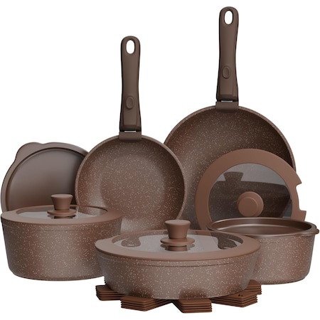 Bakkenmaster Bakken 17-Piece Ceramic Coated Aluminum Cookware Set, Nonstick, PTFE & PFAS Free BKCWSTK15BRWN.17