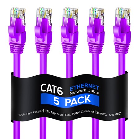 Maximm 15ft Cat6 Pure Copper UTP Ethernet Cable, 5PK, Purple, 5PK CAT6623