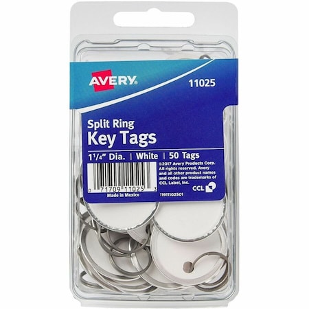 Avery Metal Rim Key Tags, Metal, 1.3" Dia., White, Round, 50 PK AVE11025
