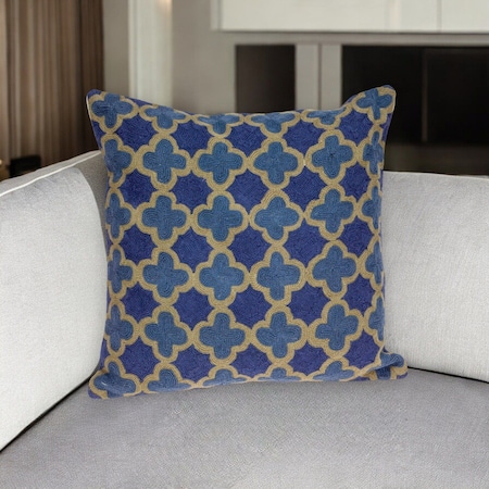 Homeroots 20" Blue and Brown Quatrefoil Wool Throw Pillow With Embroidery 529194