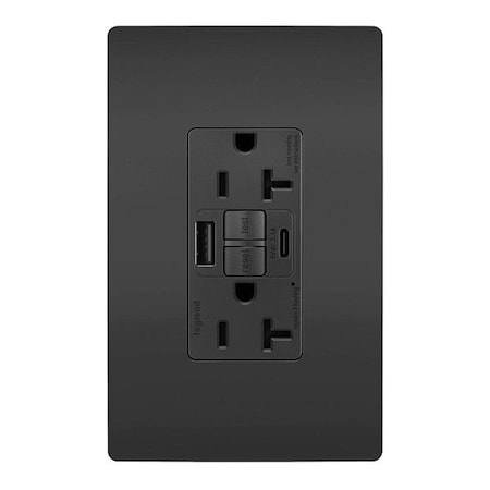 Legrand USB Receptacle, 20 A, Black, Nylon 2097TRUSBACBK
