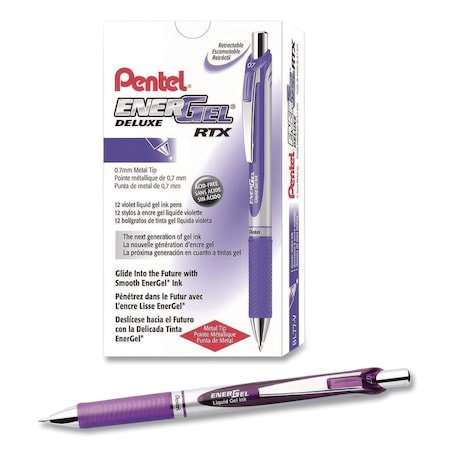 Pentel EnerGel RTX Deluxe Gel Pen, Retractable, Medium 0.7 mm, Violet Ink, Silver/Violet Barrel, 12PK PENBL77V