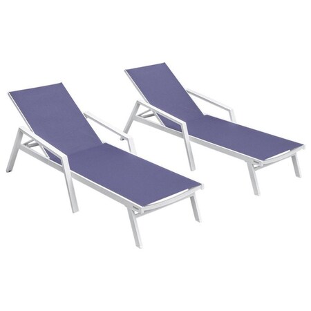 Leisuremod Marlin Patio Chaise Lounge Chair with Armrests in White Aluminum Frame, Navy Blue, 2PK MLAW-77NBU2