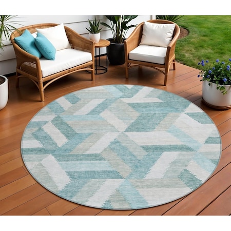 Homeroots 8' Teal Blue Round Geometric Washable Indoor Outdoor Area Rug 608072