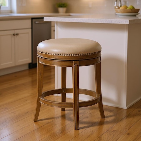 Homeroots 26" Beige and Natural Faux Leather and Solid Wood Backless Counter Height Swivel Bar Chair 632391