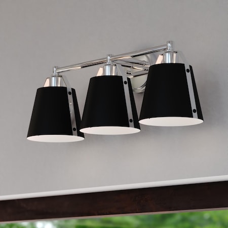 Vaxcel Barrington 3 Light Black and Chrome Industrial Bathroom Vanity Fixture with Metal Shade W0424