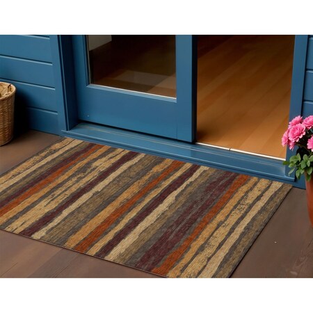 Homeroots 3' X 5' Chocolate Beige And Copper Striped Washable Indoor Outdoor Area Rug 598878