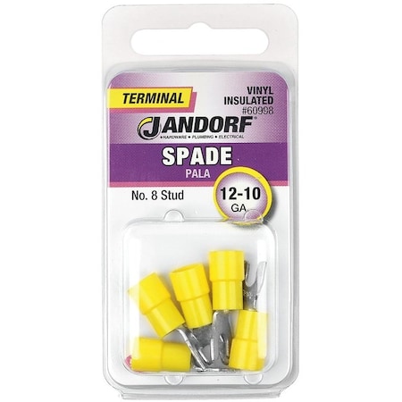 Jandorf Spade Terminal, 600 V, 12 to 10 AWG Wire, #8 Stud, Vinyl Insulation, Copper Contact 60998