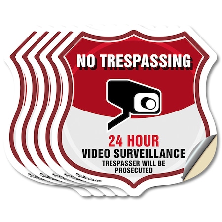 Signmission No Trespassing Shield Sign 24 Hour Video, 6 inch X 6 inch, Vinyl Decal, 5PK SHI-D-5PACK-6-420