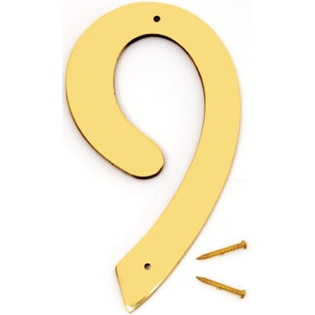 Hy-Ko House Number, Character: 9, 4 in H Character, 2-1/2 in W Character, Brass Character, Brass BR-40/9