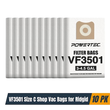 Powertec Vacuum Bags VF3501 Size C, 3-4.5 Gal. for Ridgid 4000RV, WD40700 Wet/Dry Shop Vacuums, 10PK 75017-P2
