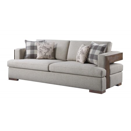 Homeroots 92" Beige Fabric Sofa And Toss Pillows With Brown Legs 491003