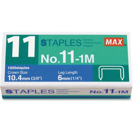 Max Usa Max No. 11 Mini Staples for HD-11FLK, 1/4" Leg, 3/8"Crown Flat Clinch, 1,000/Box NO111M