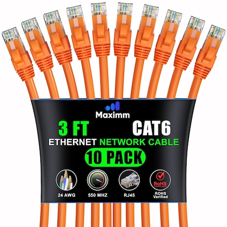 Maximm Cat6 Ethernet Cable 3ft 10Gbps 550MHz UTP, 10PK, Orange, 10PK CAT6CCA-3OR10PK