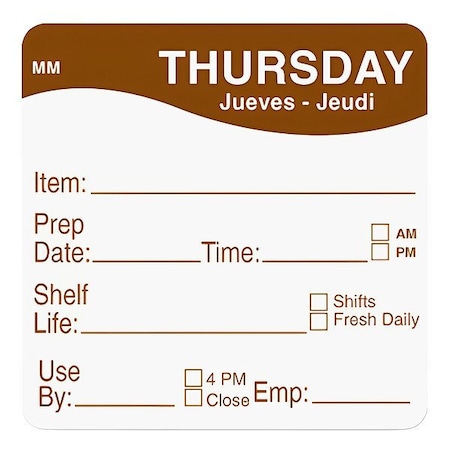 Daymark Day of the Week Label, Brown, 2" H, Paper IT120156-4-Thu