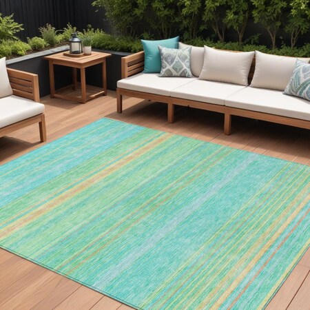 Homeroots 10' X 14' Aqua Green And Yellow Striped Washable Indoor Outdoor Area Rug 614796