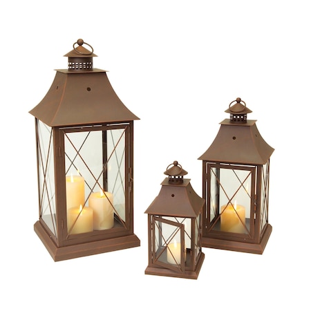 Homeroots Set of Three Brown Lattice Glass And Metal Floor Lantern Candle Holders, 3PK 516436