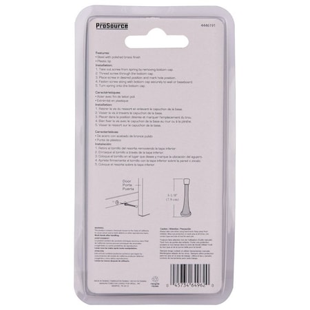 Prosource Heavy-Duty Spring, 15/16 in Dia Base, 3-1/8 in Projection, Plastic & Steel, Polished Brass H62-B040C-PS