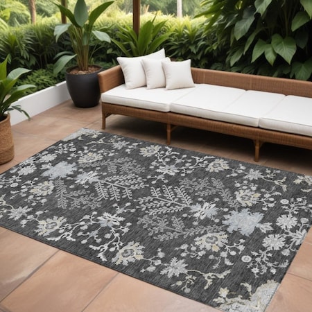Homeroots 10' X 14' Charcoal Gray And Beige Floral Washable Indoor Outdoor Area Rug 605466
