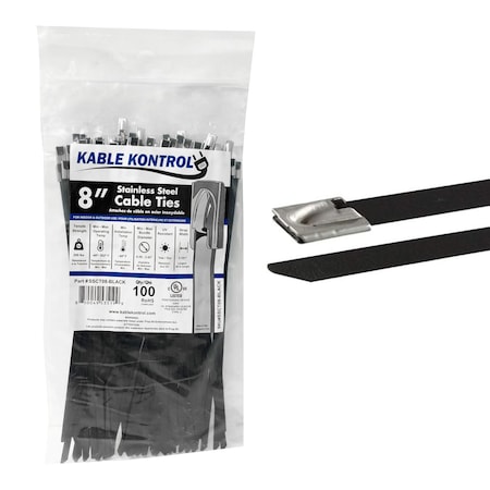 Kable Kontrol Cable Tie, 8 in L, 2 in Max Bundle Dia., Black, 304 Stainless Steel, 200 lb Strength, 100 PK SSCT-08-BLACK