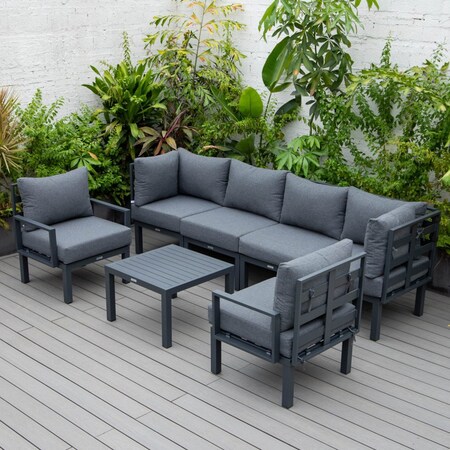 Leisuremod Chelsea 7-Piece Patio Sectional And Coffee Table Set Black Aluminum With Cushions, Black CSTBL-7BL
