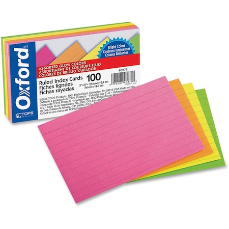 Tops Business Forms Oxford, Ruled Index Cards, 3 X 5, Glow Green/yellow, Orange/pink, 100PK 40279