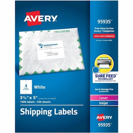 Avery Dennison Shipping Label, 3 1/2" Label W, 4 Labels per Sheet White 95935