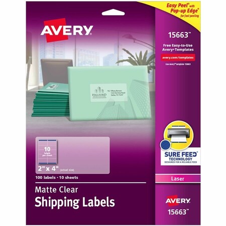 Avery Matte Clear Easy Peel Mailing Labels w/ Sure Feed Technology, Laser Printers, 2 x 4, Clear, 100PK 15663