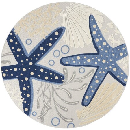 Homeroots 8' Navy Blue And Gray Round Starfish Indoor Outdoor Area Rug 546822