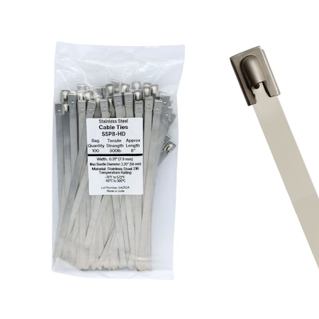 Cable Ties Unlimited Cable Tie, 8 in L, 300 lb Strength, 2 in Max Bundle Dia, 316 Stainless Steel, Silver, 100PK SSP8-HD