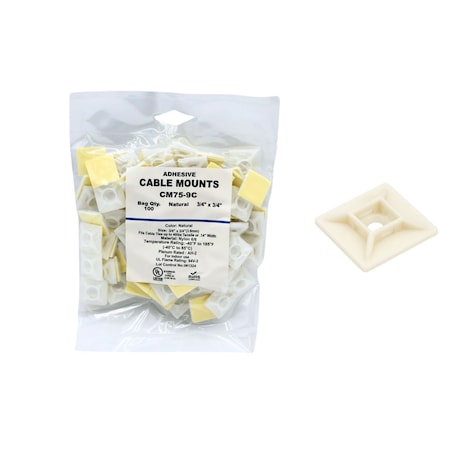 Cable Ties Unlimited Adhesive Cable Tie Mounts, 3/4 in Sq, Nylon 6/6, .14 in Slot Wd, Natural, 100PK CM75-9C