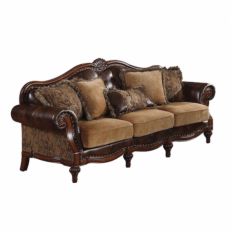 Homeroots 37" Brown Faux Leather and Chenille Sofa And Toss Pillows With Dark Brown Legs 348631
