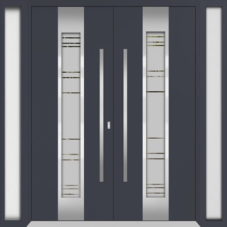 Vdomdoors Metal Double Doors Deux 0757 Gray Graphite Frosted Glass 2 Sidelights Entry Modern Painted 100x80 ( DEUX0757DEXD-GRE-W14+72+14xH80-LH-O