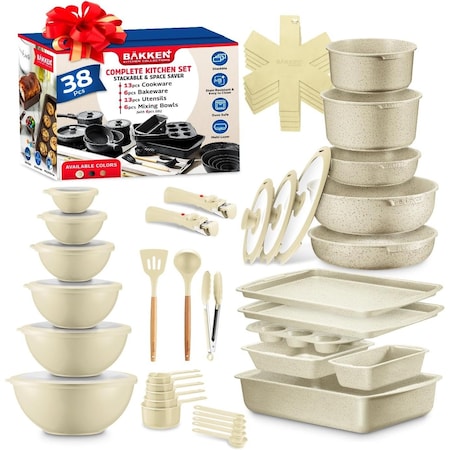 Bakkenmaster Bakken Master 38 Piece Granite Cookware and Bakeware Set, Nonstick Granite Coating BKCWSTK38WHT