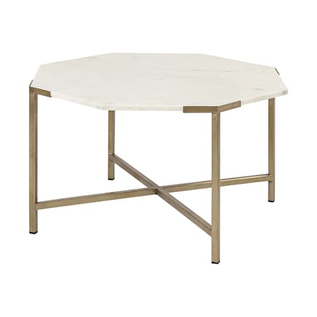 Homeroots 33" White and Gold Genuine Marble and Metal Octagon Coffee Table 376305