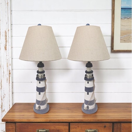 Homeroots Set of Two 30" Blue And White Lighthouse USB Table Lamps With Cream Cone Shade 571283