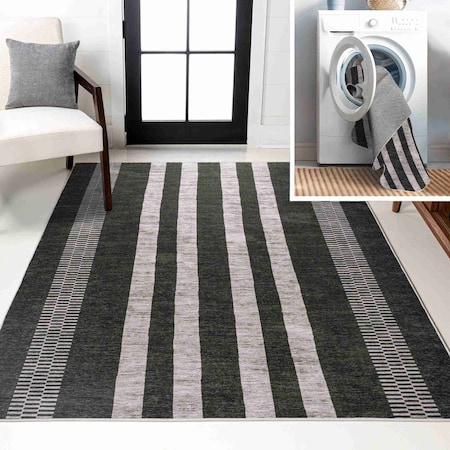 Jonathan Y Vichy Geometric Striped Non-Slip Machine-Washable Black/Ivory 8 ft. x 10 ft. Area Rug WSH122A-8