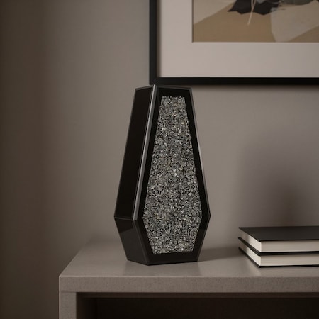 Homeroots 14" Black And Silver Glass Table Vase With Faux Crystals 636342