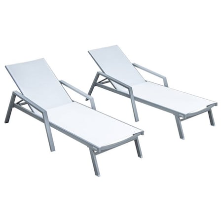 Leisuremod Marlin Patio Chaise Lounge Chair with Armrests in Grey Aluminum Frame, White, 2PK MLAGR-77W2