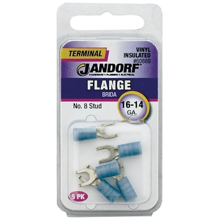 Jandorf Flanged Spade Terminal, 16 to 14 AWG Wire, #8 Stud, Vinyl Insulation, Copper Contact 60889