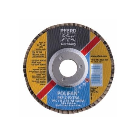 Pferd POLIFAN PSF-EXTRA Flap Discs, 4 1/2 in, 40 Grit, 7/8 in Arbor, 13,300 rpm, 10PK 419-60626